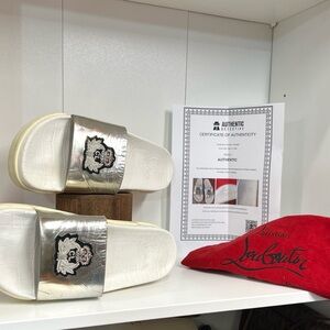 🔥🔥 Christian Louboutin silver leather Crown Beau slides fit a size 10-11 women